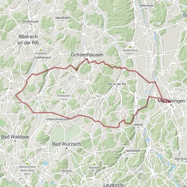 Map miniature of "The Arlach Loop" cycling inspiration in Schwaben, Germany. Generated by Tarmacs.app cycling route planner