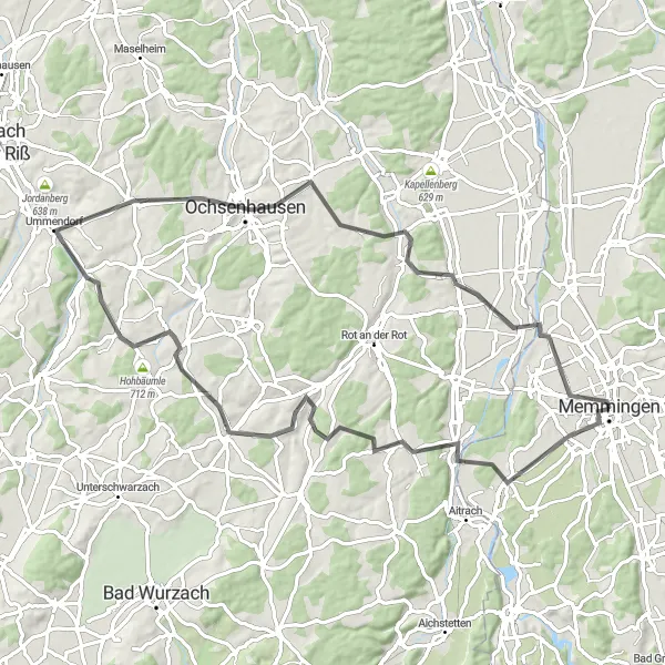 Map miniature of "Road Route: Memmingen - Aspen Loop" cycling inspiration in Schwaben, Germany. Generated by Tarmacs.app cycling route planner