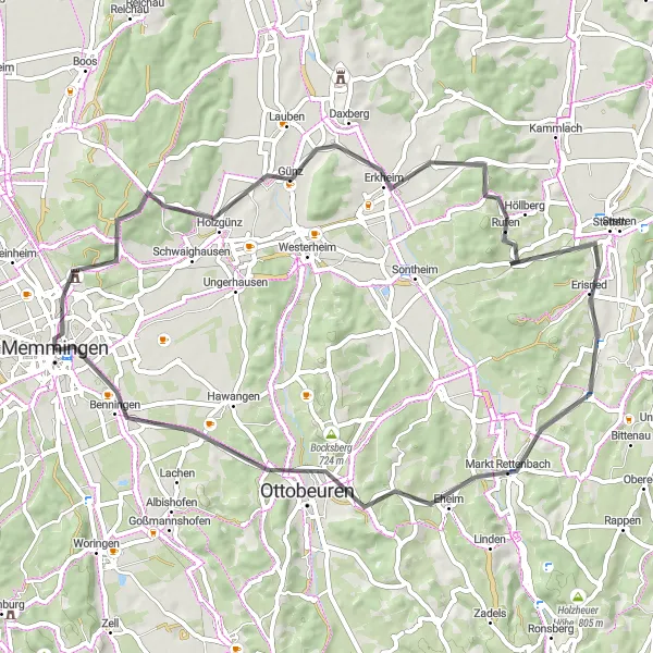 Map miniature of "The Amendingen Road Trip" cycling inspiration in Schwaben, Germany. Generated by Tarmacs.app cycling route planner