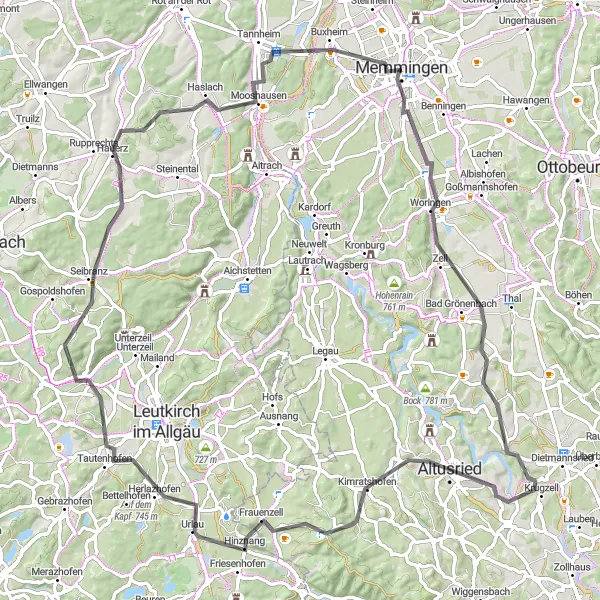 Map miniature of "Memmingen Loop" cycling inspiration in Schwaben, Germany. Generated by Tarmacs.app cycling route planner