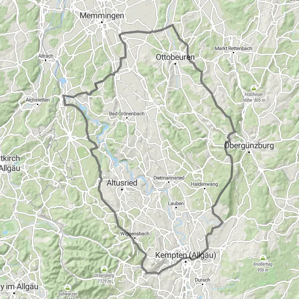 Map miniature of "Memmingen and the Allgäu Alps" cycling inspiration in Schwaben, Germany. Generated by Tarmacs.app cycling route planner