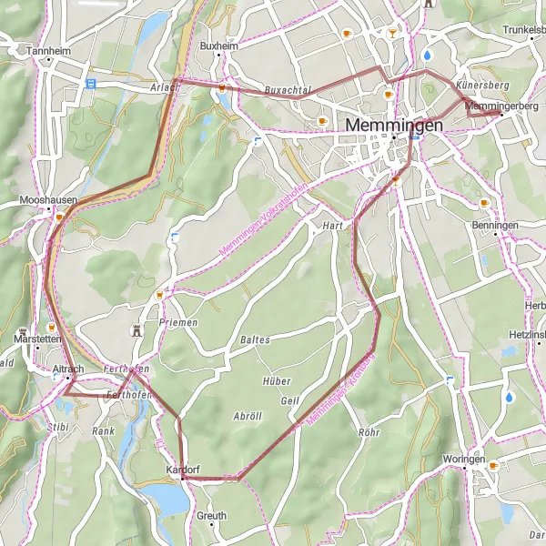 Map miniature of "Discovering Memmingen and Vogelbeobachtungsstation" cycling inspiration in Schwaben, Germany. Generated by Tarmacs.app cycling route planner