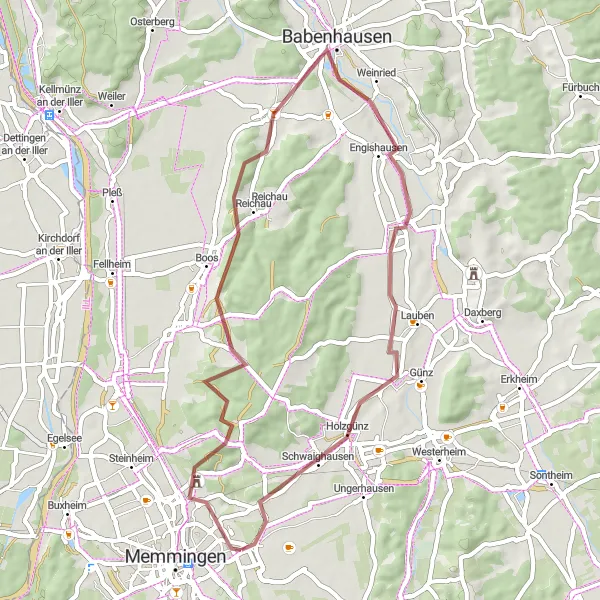 Map miniature of "Gravel Adventure to Boos and Babenhausen" cycling inspiration in Schwaben, Germany. Generated by Tarmacs.app cycling route planner