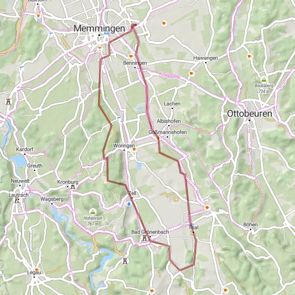 Map miniature of "Benningen and Bad Grönenbach Adventure" cycling inspiration in Schwaben, Germany. Generated by Tarmacs.app cycling route planner