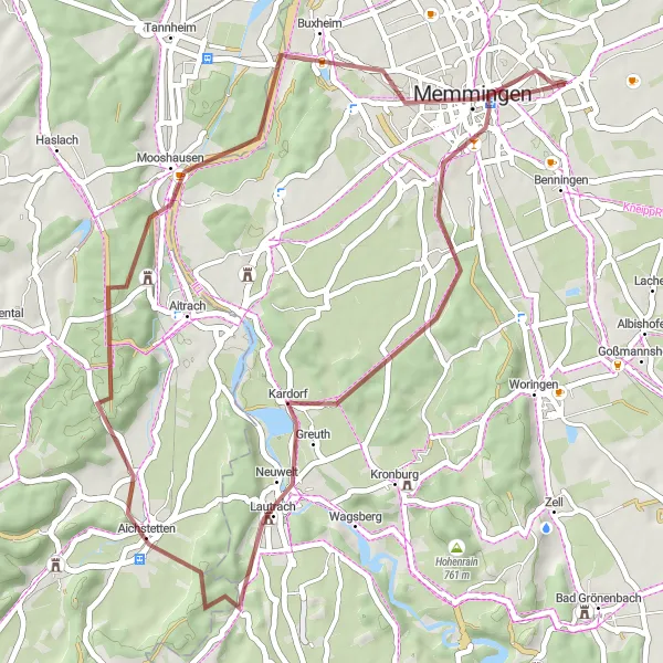 Map miniature of "Gravel Adventure to Aichstetten" cycling inspiration in Schwaben, Germany. Generated by Tarmacs.app cycling route planner