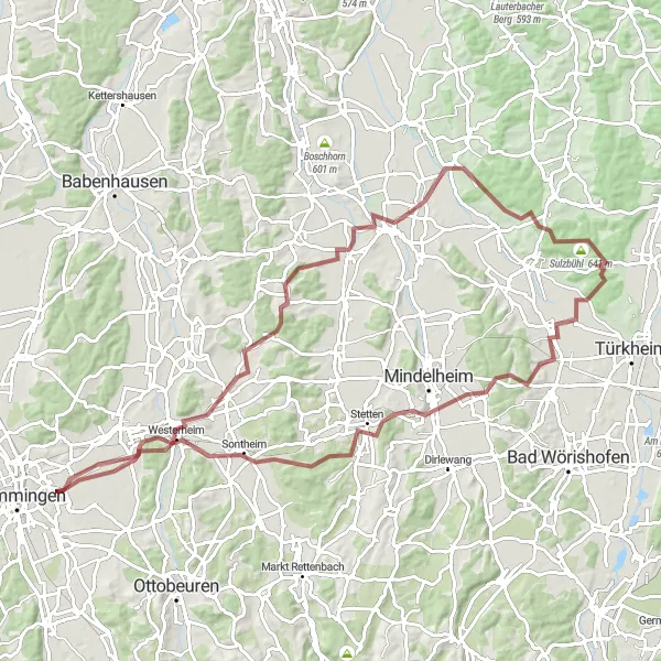 Map miniature of "Gravel Challenge through Mindelburg" cycling inspiration in Schwaben, Germany. Generated by Tarmacs.app cycling route planner