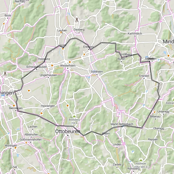 Map miniature of "Cultural Highlights and Challenging Terrain" cycling inspiration in Schwaben, Germany. Generated by Tarmacs.app cycling route planner