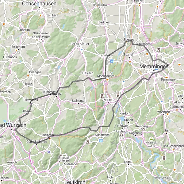 Map miniature of "Memmingen and the Natural Beauty of Hauerz" cycling inspiration in Schwaben, Germany. Generated by Tarmacs.app cycling route planner