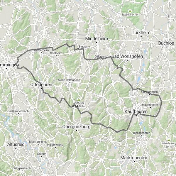 Karten-Miniaturansicht der Radinspiration "Rund um Memmingerberg: Kaufbeuren und mehr" in Schwaben, Germany. Erstellt vom Tarmacs.app-Routenplaner für Radtouren