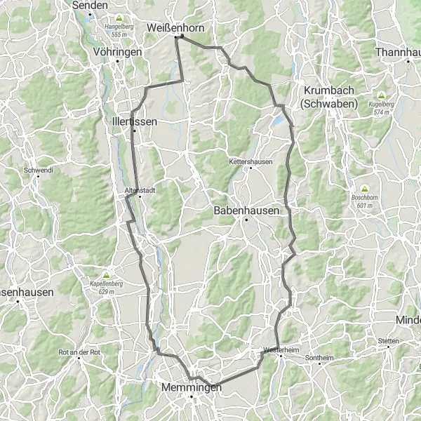 Map miniature of "Memmingerberg Circuit" cycling inspiration in Schwaben, Germany. Generated by Tarmacs.app cycling route planner