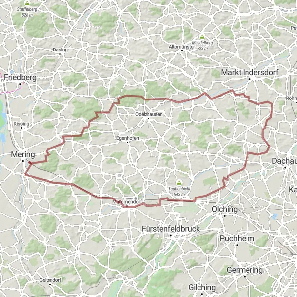 Karten-Miniaturansicht der Radinspiration "Herausfordernde Gravel-Tour durch das Umland von Merching" in Schwaben, Germany. Erstellt vom Tarmacs.app-Routenplaner für Radtouren