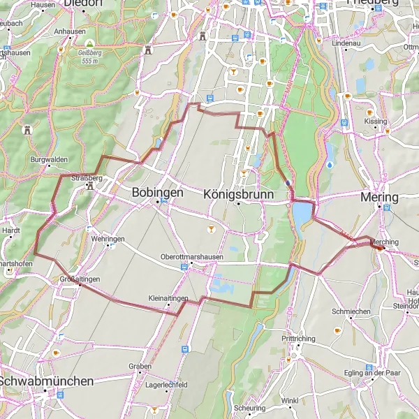 Karten-Miniaturansicht der Radinspiration "Abenteuerliche Gravel-Tour rund um Merching" in Schwaben, Germany. Erstellt vom Tarmacs.app-Routenplaner für Radtouren
