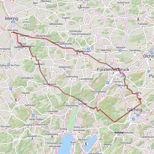 Karten-Miniaturansicht der Radinspiration "Abwechslungsreiche Gravel-Tour mit Badespaß in der Nähe von Merching" in Schwaben, Germany. Erstellt vom Tarmacs.app-Routenplaner für Radtouren