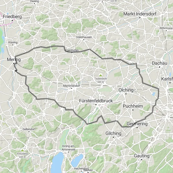 Map miniature of "Mering and Beyond" cycling inspiration in Schwaben, Germany. Generated by Tarmacs.app cycling route planner