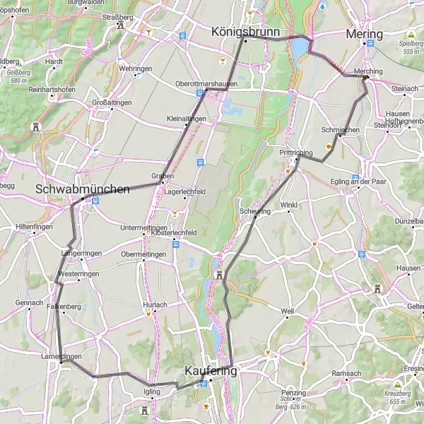 Map miniature of "Schmiechen to Merching via Lauschplatz and Kaufering" cycling inspiration in Schwaben, Germany. Generated by Tarmacs.app cycling route planner