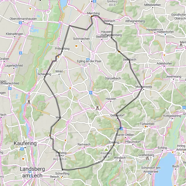 Map miniature of "Merching and Surrounding Villages" cycling inspiration in Schwaben, Germany. Generated by Tarmacs.app cycling route planner