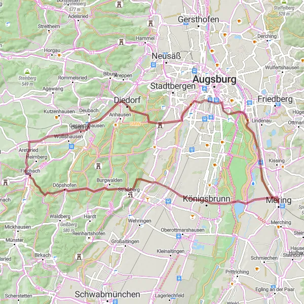 Karten-Miniaturansicht der Radinspiration "Fahrradrundweg Ulrichshöhe-Bobingen-Reiterberg-Fischach-Gessertshausen-Jägerhüttenkopf-Hochfeld-Klausenkopf-Schloss Mering" in Schwaben, Germany. Erstellt vom Tarmacs.app-Routenplaner für Radtouren