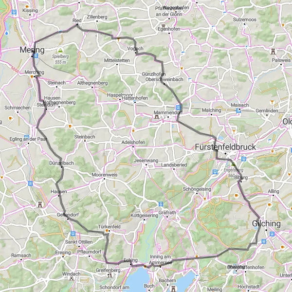 Karten-Miniaturansicht der Radinspiration "Radtour Ried-Oberschweinbach-Engelsberg-Inning am Ammersee-Geltendorf-Steindorf" in Schwaben, Germany. Erstellt vom Tarmacs.app-Routenplaner für Radtouren
