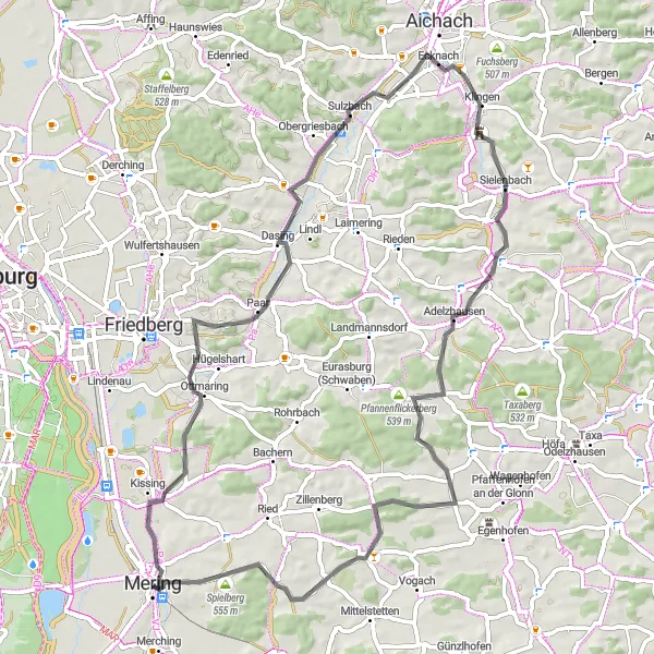 Karten-Miniaturansicht der Radinspiration "Radtour Kissing-Mühlberg-Dasing-Sielenbach-Bäckerberg-Adelzhausen-Baindlkirch-Hallberg" in Schwaben, Germany. Erstellt vom Tarmacs.app-Routenplaner für Radtouren