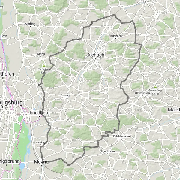 Karten-Miniaturansicht der Radinspiration "Rundtour durch die bayerische Landschaft" in Schwaben, Germany. Erstellt vom Tarmacs.app-Routenplaner für Radtouren