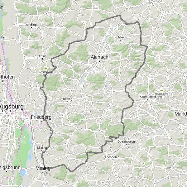 Map miniature of "Romantic Bavarian Villages" cycling inspiration in Schwaben, Germany. Generated by Tarmacs.app cycling route planner