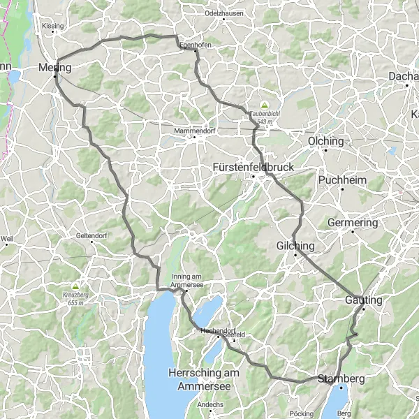 Map miniature of "Around Starnberg Lake" cycling inspiration in Schwaben, Germany. Generated by Tarmacs.app cycling route planner