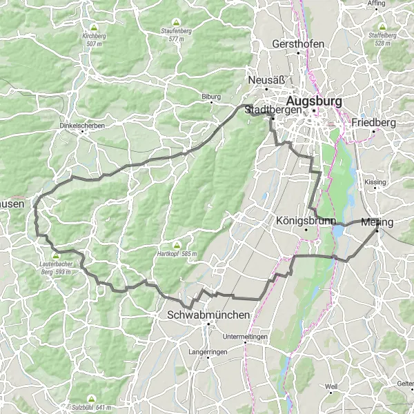 Karten-Miniaturansicht der Radinspiration "Schwaben Rundtour von Mering aus" in Schwaben, Germany. Erstellt vom Tarmacs.app-Routenplaner für Radtouren