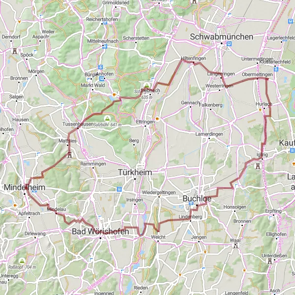 Map miniature of "Tussenhausen-Lindenberg gravel loop" cycling inspiration in Schwaben, Germany. Generated by Tarmacs.app cycling route planner