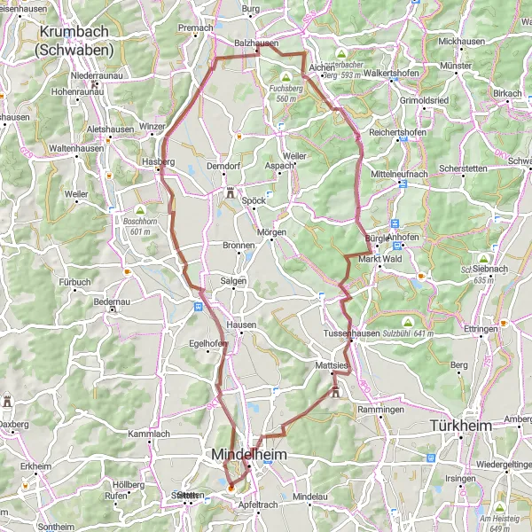 Map miniature of "Around Doldenhausen and Pfaffenhausen" cycling inspiration in Schwaben, Germany. Generated by Tarmacs.app cycling route planner