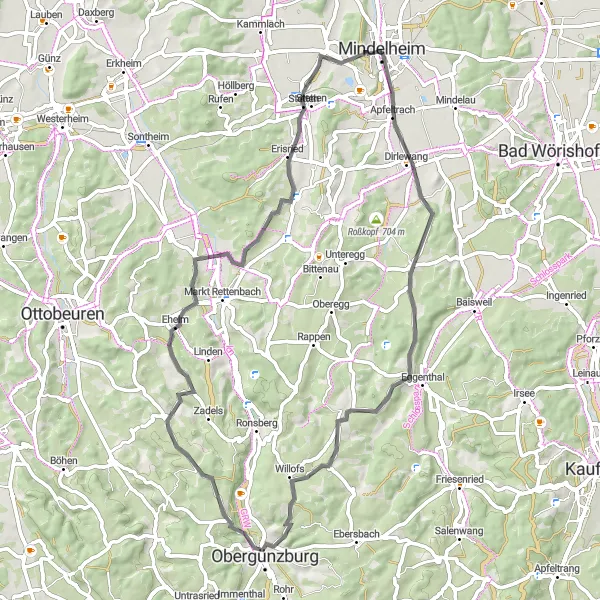 Map miniature of "Countryside Ride with Apfeltrach" cycling inspiration in Schwaben, Germany. Generated by Tarmacs.app cycling route planner