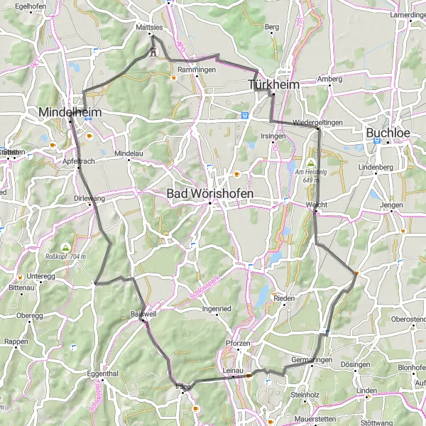 Map miniature of "Through Mattsies and Apfeltrach" cycling inspiration in Schwaben, Germany. Generated by Tarmacs.app cycling route planner