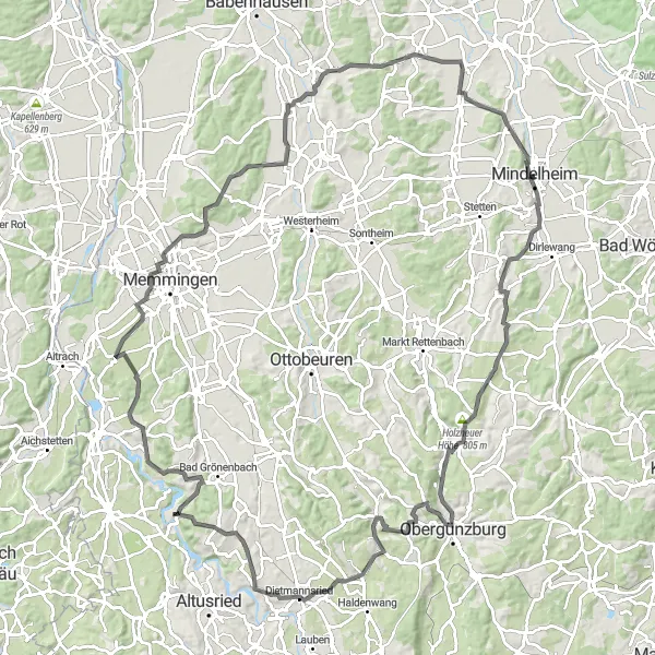 Map miniature of "Challenge in Gernstall and Kronburg" cycling inspiration in Schwaben, Germany. Generated by Tarmacs.app cycling route planner