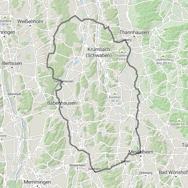 Map miniature of "Discovering the Swabian Countryside" cycling inspiration in Schwaben, Germany. Generated by Tarmacs.app cycling route planner