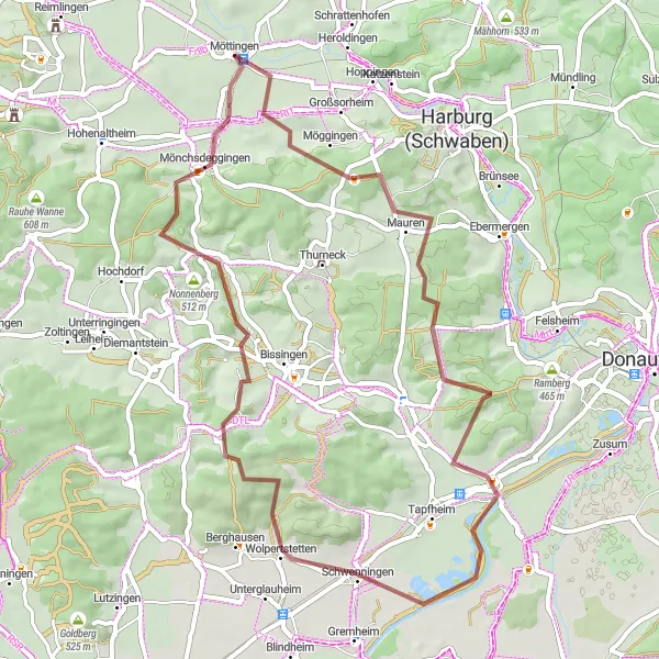 Map miniature of "Möttingen Gravel Loop" cycling inspiration in Schwaben, Germany. Generated by Tarmacs.app cycling route planner