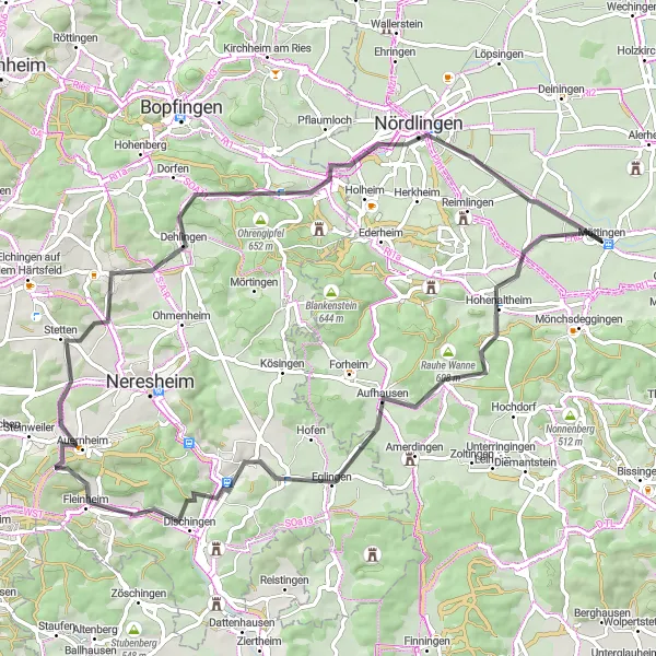 Map miniature of "Hohenaltheim Heritage Loop" cycling inspiration in Schwaben, Germany. Generated by Tarmacs.app cycling route planner