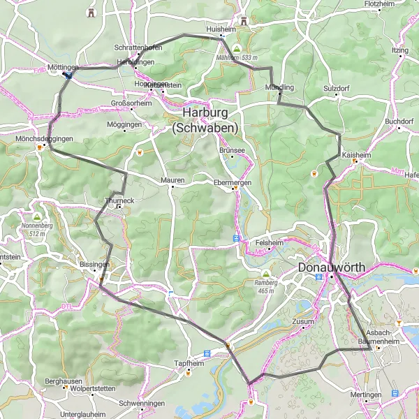 Map miniature of "The Heartland Loop" cycling inspiration in Schwaben, Germany. Generated by Tarmacs.app cycling route planner