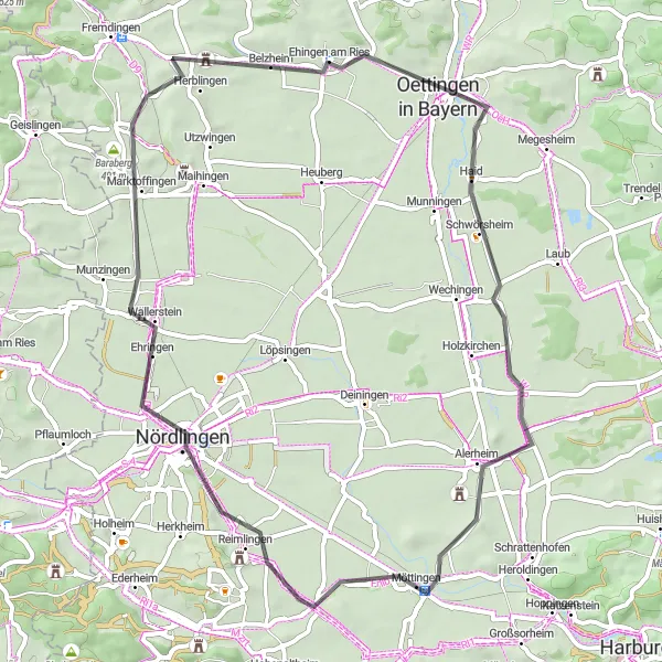 Map miniature of "Möttingen Road Adventure" cycling inspiration in Schwaben, Germany. Generated by Tarmacs.app cycling route planner