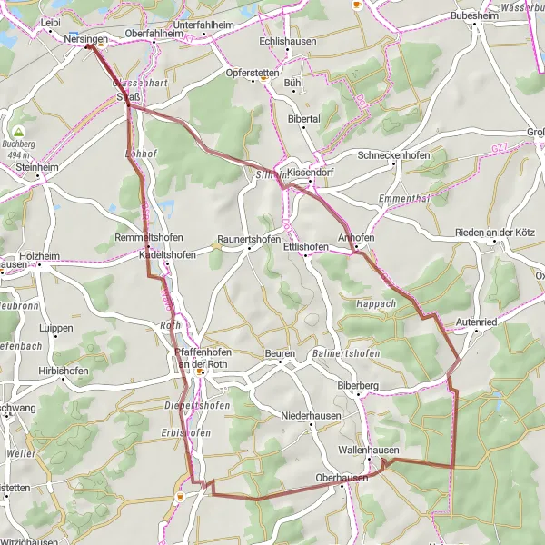 Map miniature of "Off-road Adventure to Volkertshofen" cycling inspiration in Schwaben, Germany. Generated by Tarmacs.app cycling route planner