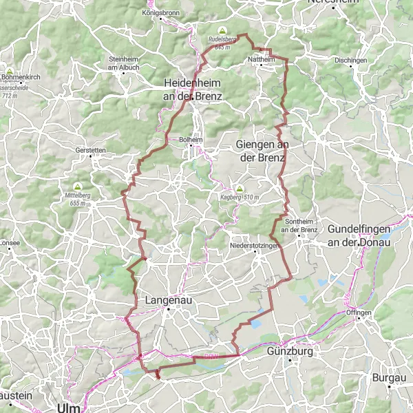 Map miniature of "Nersingen Round-Trip - Gravel Biking" cycling inspiration in Schwaben, Germany. Generated by Tarmacs.app cycling route planner