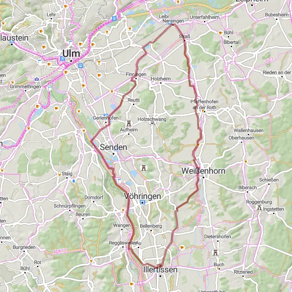 Map miniature of "Nersingen Gravel Tour" cycling inspiration in Schwaben, Germany. Generated by Tarmacs.app cycling route planner