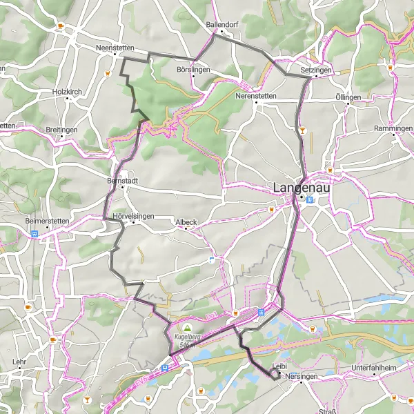 Map miniature of "Epic Route around Nersingen" cycling inspiration in Schwaben, Germany. Generated by Tarmacs.app cycling route planner