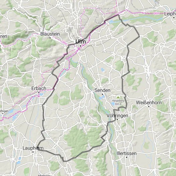 Map miniature of "Road Cycling Tour to Unterer Kuhberg" cycling inspiration in Schwaben, Germany. Generated by Tarmacs.app cycling route planner