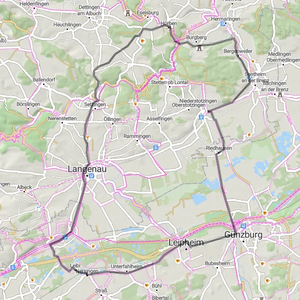 Map miniature of "Nersingen and Beyond" cycling inspiration in Schwaben, Germany. Generated by Tarmacs.app cycling route planner