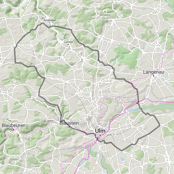 Map miniature of "Nersingen Round-Trip - Road Biking" cycling inspiration in Schwaben, Germany. Generated by Tarmacs.app cycling route planner