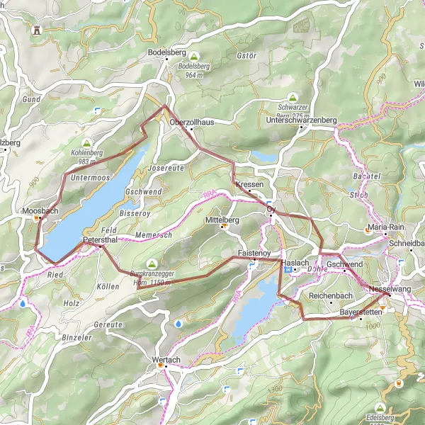 Karten-Miniaturansicht der Radinspiration "Gravel-Tour um Nesselwang" in Schwaben, Germany. Erstellt vom Tarmacs.app-Routenplaner für Radtouren