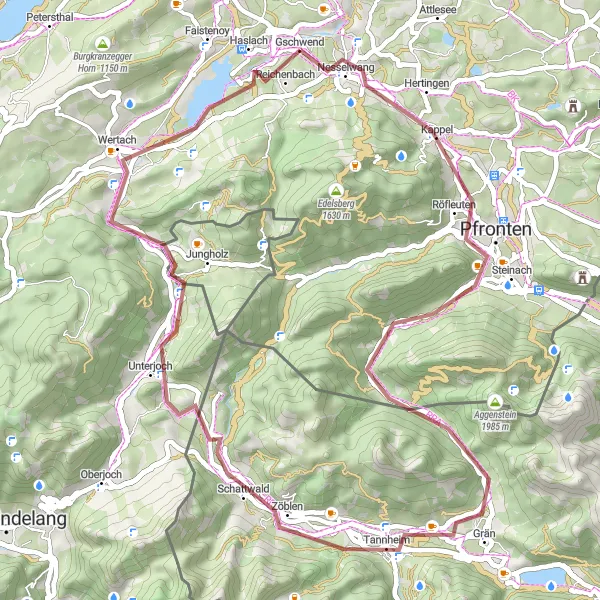 Karten-Miniaturansicht der Radinspiration "Gravel-Abenteuer im Allgäu" in Schwaben, Germany. Erstellt vom Tarmacs.app-Routenplaner für Radtouren