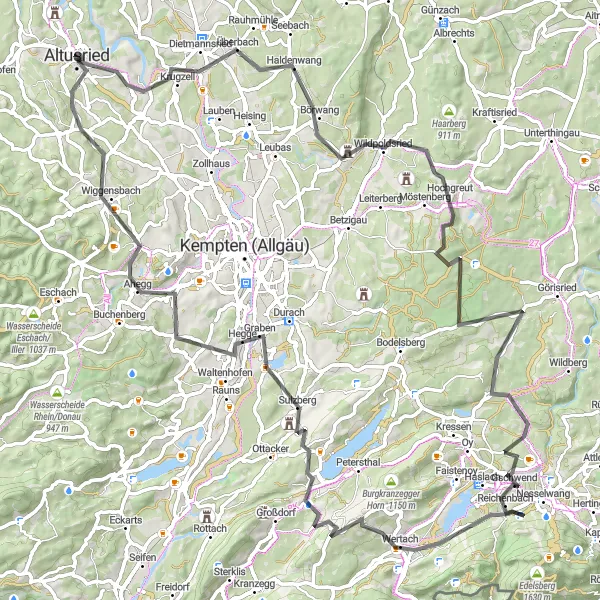 Karten-Miniaturansicht der Radinspiration "Radtour durch das Wertachtal" in Schwaben, Germany. Erstellt vom Tarmacs.app-Routenplaner für Radtouren