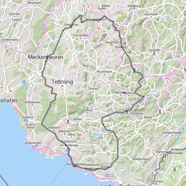 Map miniature of "Nonnenhorn to Bodolz Loop" cycling inspiration in Schwaben, Germany. Generated by Tarmacs.app cycling route planner