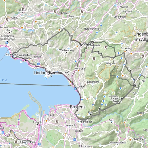 Map miniature of "Nonnenhorn to Lindau Loop" cycling inspiration in Schwaben, Germany. Generated by Tarmacs.app cycling route planner