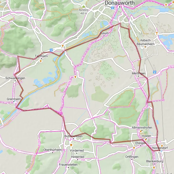 Map miniature of "Buttenwiesen Adventure" cycling inspiration in Schwaben, Germany. Generated by Tarmacs.app cycling route planner